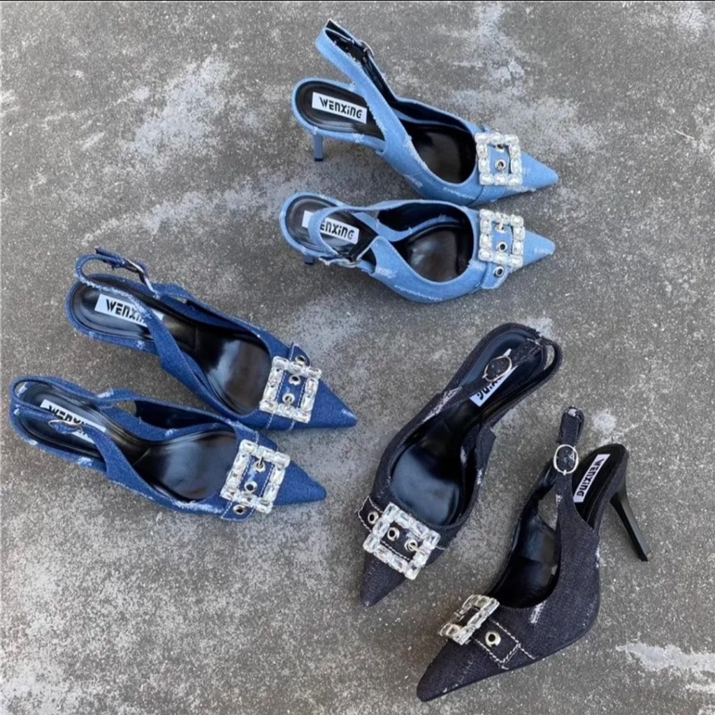 Wenxing Crystal-Buckle Denim Slingbacks