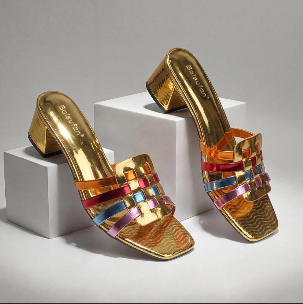 Baisufen Multicolor Woven Cage Block Heel Mules