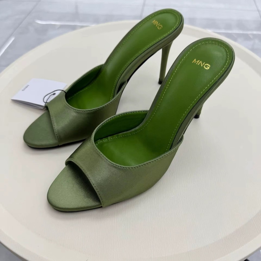 Mango (MNG) Sage Satin Peep-Toe Stiletto Mules