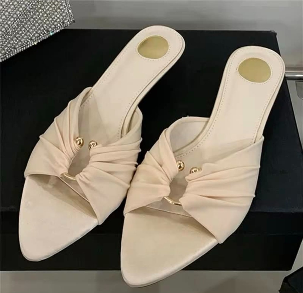 Ruched Pointed-Toe Gold-Ring Kitten Mules