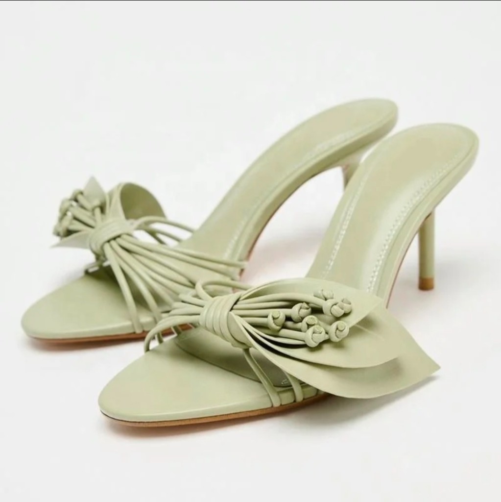 Zara Sage Green Knotted Strap Kitten Heel Mules