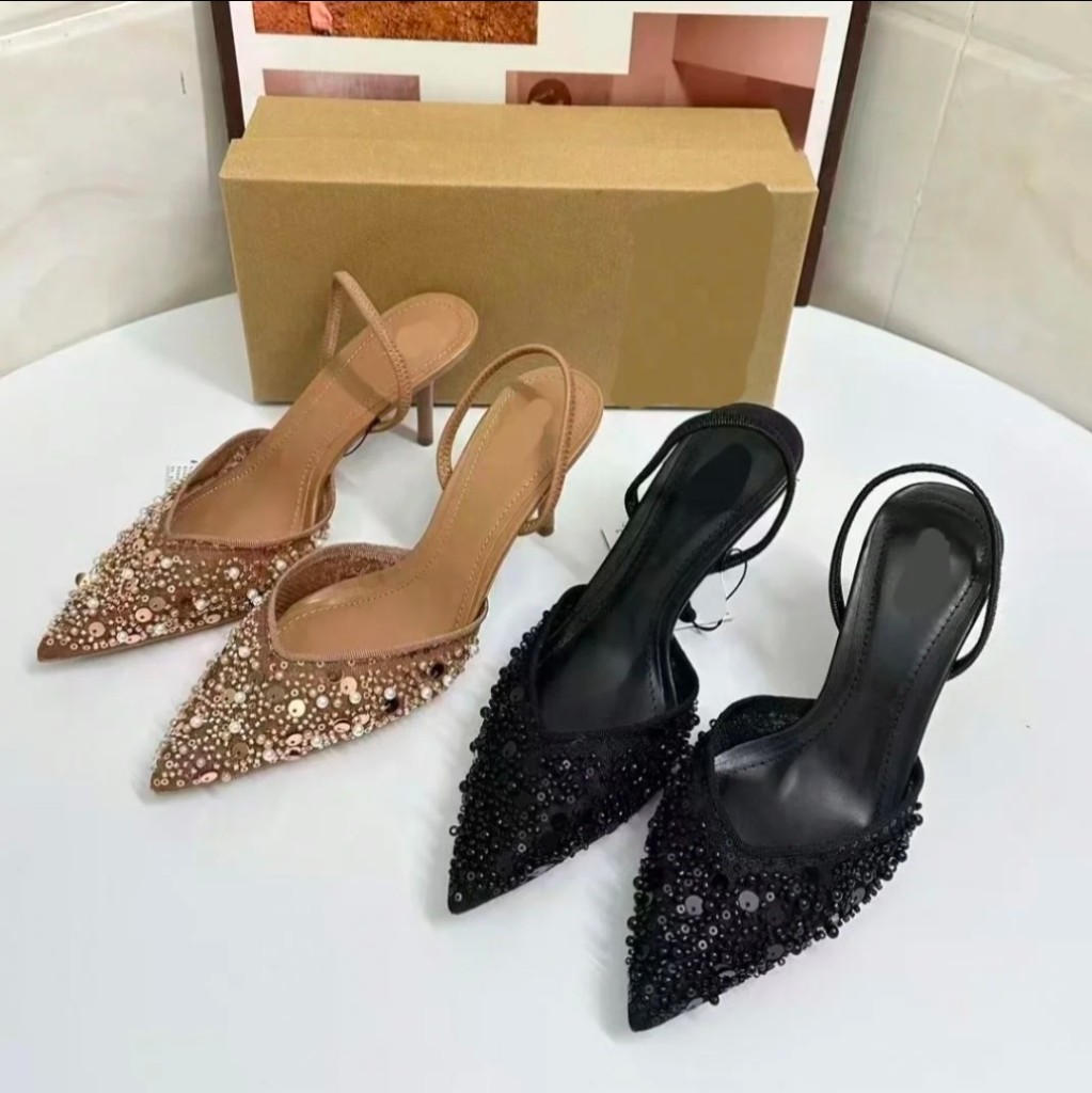 Amina Muaddi Crystal-Embellished Mesh Slingback Pumps