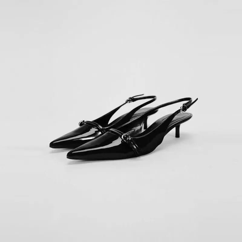 Zara Patent Kitten-Heel Buckle Slingbacks