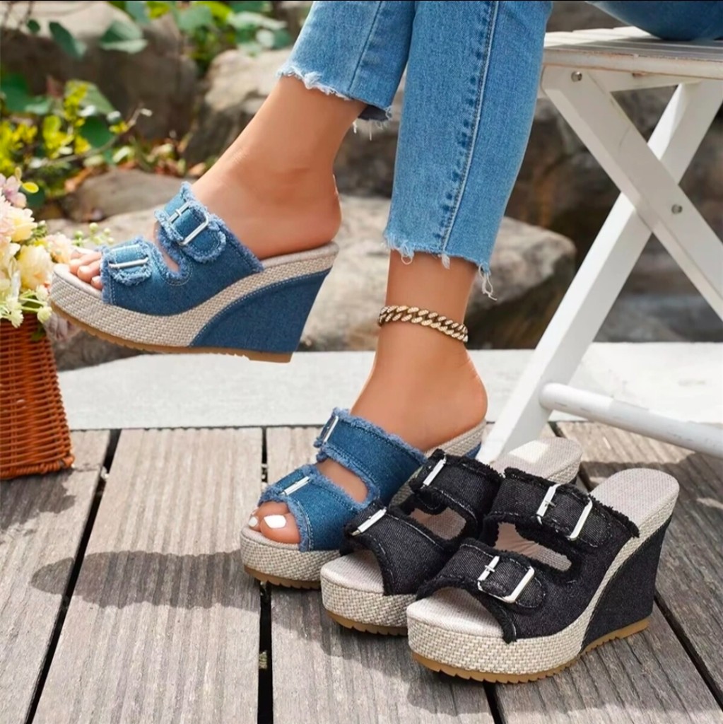 Denim Frayed Double-Buckle Wedge