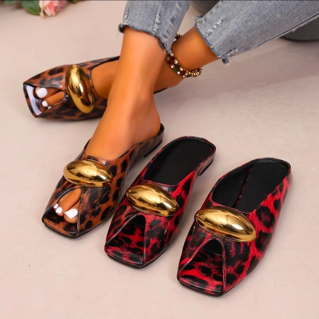 Leopard Print Gold-Ornament Peep-Toe Mule
